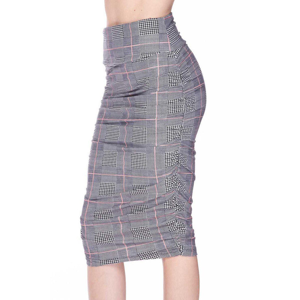 Fabulous Buttery Soft Women's Ruched Skirt: Black & White Plaid with Coral Stripe-Skirts-MMG Gifts-MMG Gifts