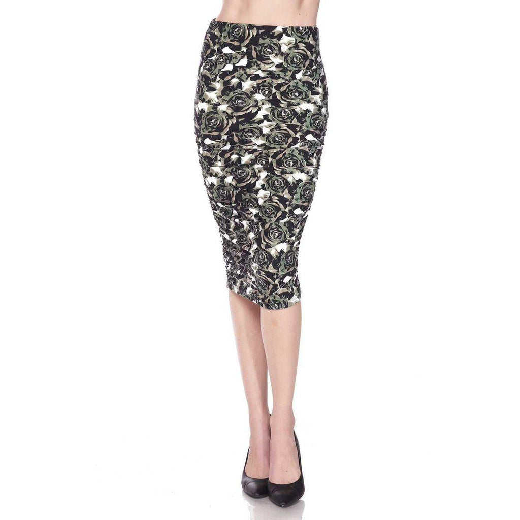 Fabulous Buttery Soft Women's Ruched Skirt: Olive-Green Roses-Skirts-MMG Gifts-MMG Gifts